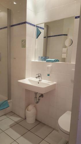 a bathroom with a sink and a toilet and a mirror at Hotel Schlosschänke in Hannoversch Münden