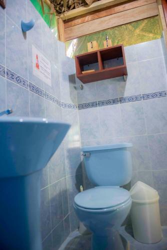 a bathroom with a blue toilet and a sink at Posadas Ecoturisticas Seineken in El Zaino