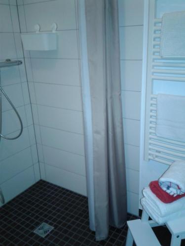 y baño con ducha y cortina de ducha. en Ferienwohnung Vogt, en Mertloch
