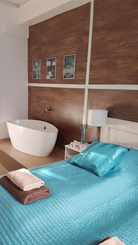 
a hotel room with a bed and a bathtub at Liszt Studio Holiday Home in Budapest
