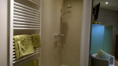 a bathroom with a shower with a shower curtain at B&B De Zoete Kers in Wakken