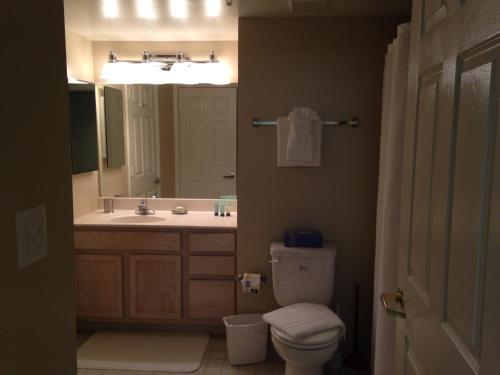 a bathroom with a sink and a toilet and a mirror at National at Ballston Metro in Arlington