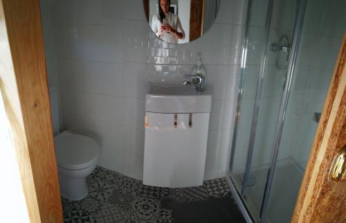 W łazience znajduje się prysznic, umywalka i toaleta. w obiekcie Cosy Attic City center w Lizbonie