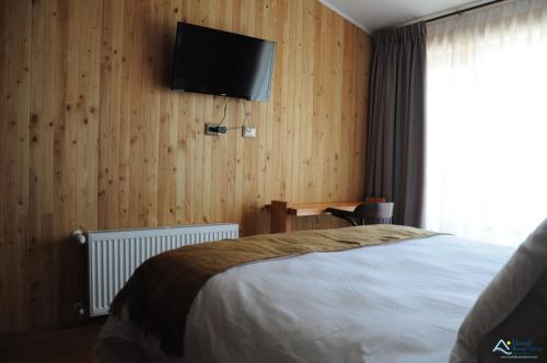 a bedroom with a bed and a television on a wall at Hostal Buena Tierra in Pucón