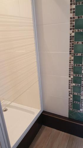 une douche avec une porte vitrée dans une salle de bain dans l'établissement Luxury Suite lilas 3, à Dijon