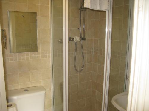 La salle de bains est pourvue d'une douche, de toilettes et d'un lavabo. dans l'établissement The Chequers Inn, à Oxford