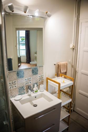 une salle de bain avec un lavabo et un miroir dans l'établissement Les lumières de la Loire, à Blois