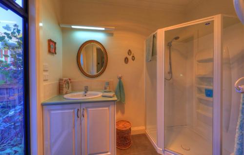 uma casa de banho com um lavatório e um chuveiro em Birchwood, Devonport self-contained self catering accommodation em Devonport