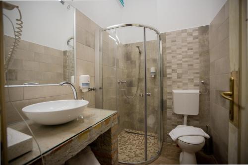 a bathroom with a shower and a sink and a toilet at Hotel Carpe Diem in Siófok