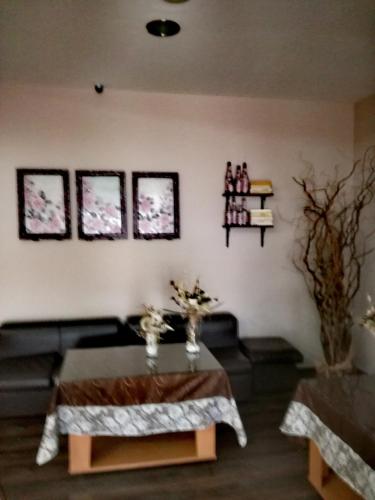 a living room with a table and a couch at Hotel Mizia in Targovishte