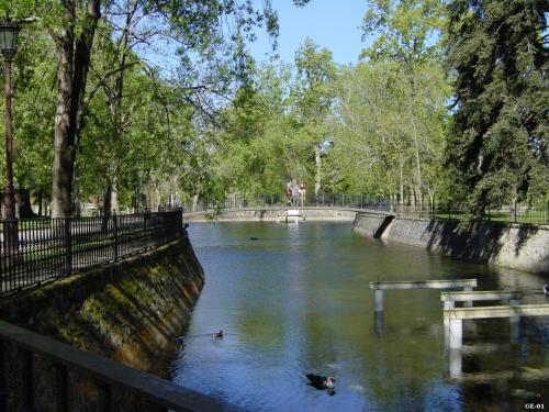 a river with ducks swimming in it in a park at Hotel Balneario De Alceda in Alceda