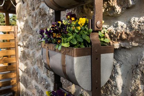 a pot of flowers hanging on a wall at Anotopos in Ano Trikala