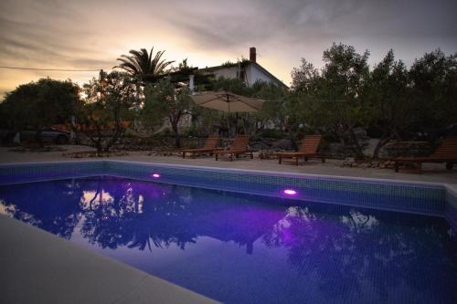 a swimming pool with purple lights in front of a house at Tvrdic Honey in Grohote