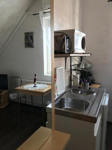 a small kitchen with a sink and a microwave at Viktória Inn Tihany in Tihany