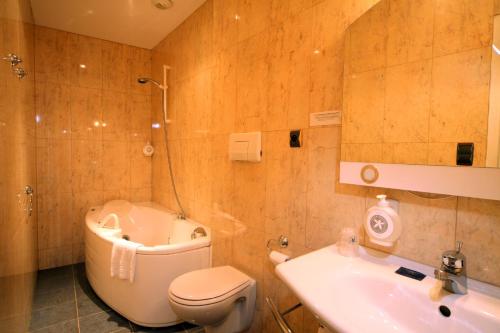 La salle de bains est pourvue de toilettes, d'une baignoire et d'un lavabo. dans l'établissement Hotel des Consuls, à Castelnau-de-Montmiral