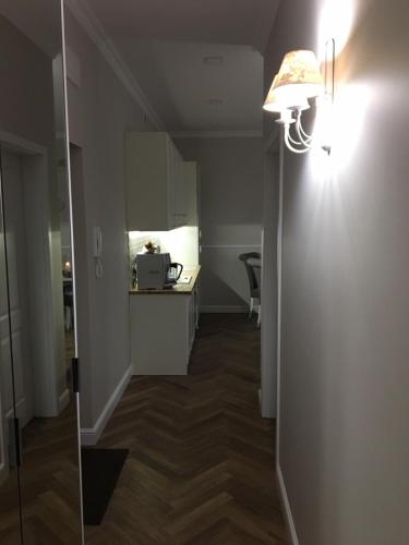 a room with a hallway with a kitchen and a light at Family & Business Sauna Apartments Sienkiewicza No1 Centrum Plac Lliteratów- Piękny Apartament - 1 Bedroom with Private Sauna, Bath with Hydromassage, Parking in Kielce