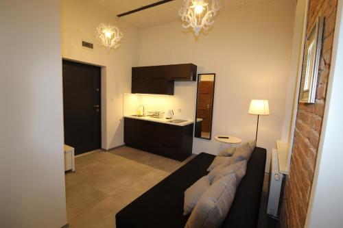 a living room with a couch and a kitchen at Apartamenty Centrum Częstochowa Stara Kamienica in Częstochowa