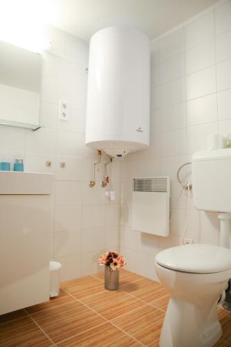 a white bathroom with a toilet and a sink at Macskakő Apartman in Eger