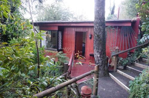 a red cabin with a red door in a forest at Los Gualles de la Candelaria Apart Hotel in Pucón
