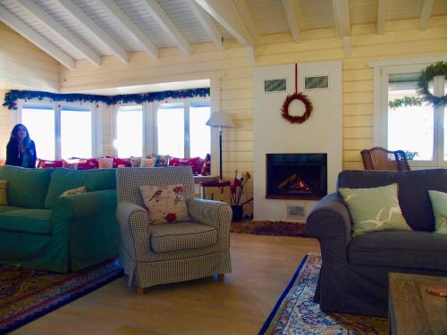 a living room with two couches and a fireplace at Ktima Noosfera Wellness & Retreat Center in Nees Vrisoules