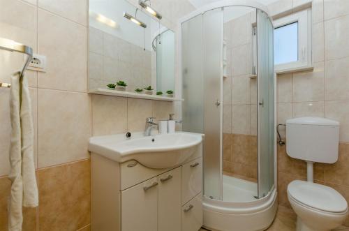 a bathroom with a sink and a toilet and a shower at Apartments Srecko in Duće