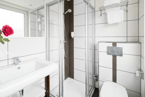 uma casa de banho com um lavatório, um WC e um espelho. em L'Escala em Dreieich