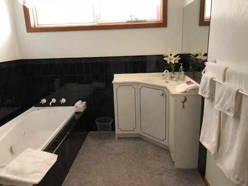 a bathroom with a bath tub and a sink and a bath tub at Penguin Seaside Homestay in Penguin