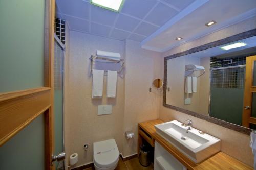 a bathroom with a sink and a toilet and a mirror at Yucelen Hotel in Akyaka