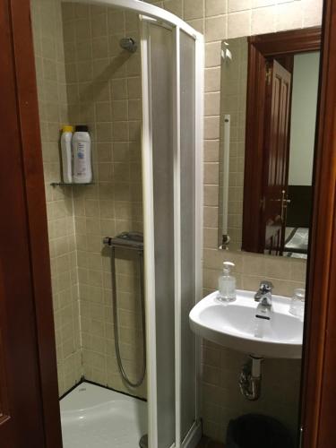 a bathroom with a sink and a shower at Pensión La Bilbaina - Albergue Logroño in Logroño