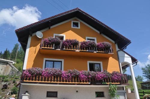 un bâtiment avec des boîtes de fleurs sur ses fenêtres dans l'établissement Privatzimmer Bendl, à Steinhaus am Semmering