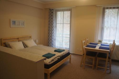 ヤーヒモフにあるApartmán pod Klínovcemのベッドルーム1室(ベッド1台、テーブル、椅子付)