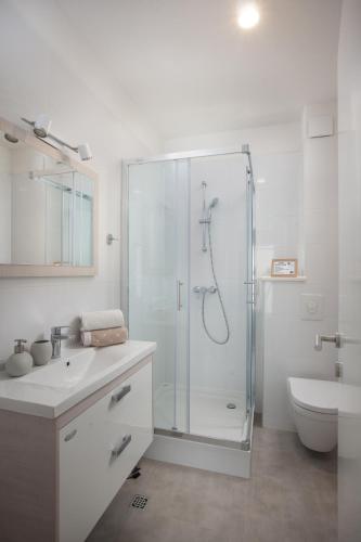 a bathroom with a shower and a sink and a toilet at Apartment Penthouse Mak in Makarska