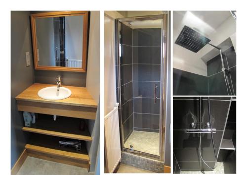 twee foto's van een badkamer met een wastafel en een douche bij Maison au coeur d'Argelès in Argelès-Gazost