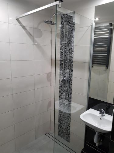 y baño con ducha acristalada y lavamanos. en Apartament Panorama, en Kielce