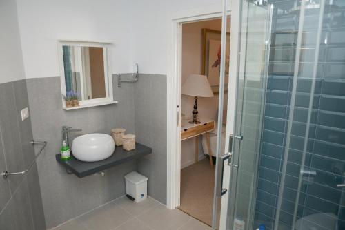 シエラネバダにあるFabuloso Apartamento En Sierra Nevadaのバスルーム(洗面台、ガラス張りのシャワー付)