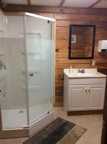 a bathroom with a shower and a sink at Madawaska Lodge in Madawaska