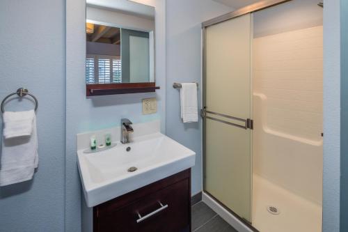 a bathroom with a sink and a shower at Silicon Valley Inn in Belmont