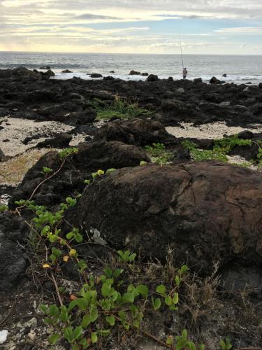a group of rocks on a beach with the ocean at Le Chalet dAZAE in La Rivière