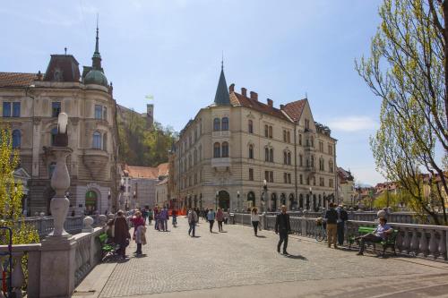 a group of people walking on a bridge in a city at Filip’s Palace Luxurious Apartment in Ljubljana