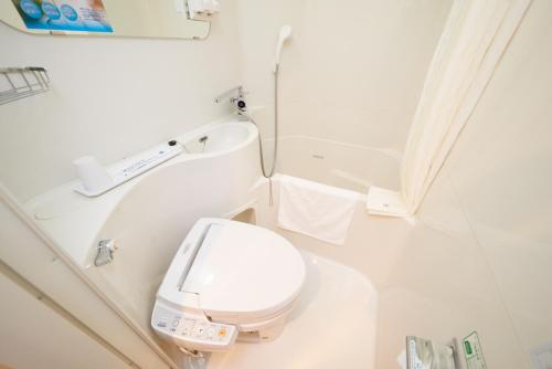 a small bathroom with a toilet and a sink at Super Hotel Ogaki Ekimae in Ogaki