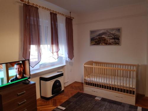 a baby room with a crib and a television at Lia Apartman in Kiskunhalas