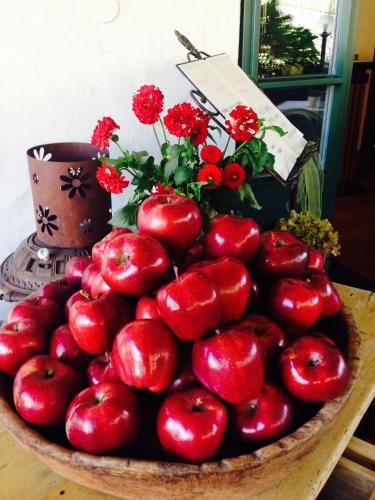 a bowl of red apples on a table with flowers at B&B Pizzeria Zur Traube in Montagna