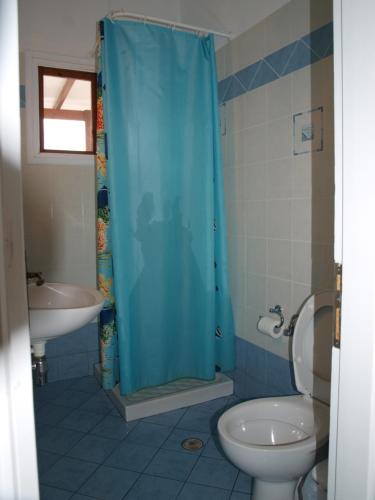 a bathroom with a blue shower curtain and a toilet at Batika Rooms in Artemonas