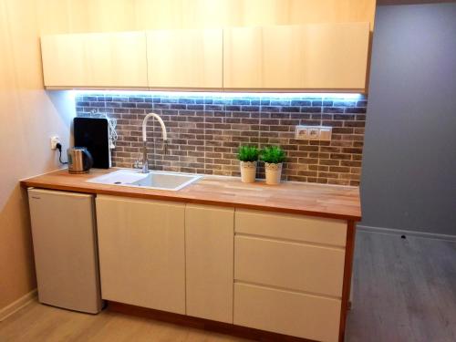 a kitchen counter with a sink and a brick wall at Vanilly Apartament Centrum Gdynia in Gdynia