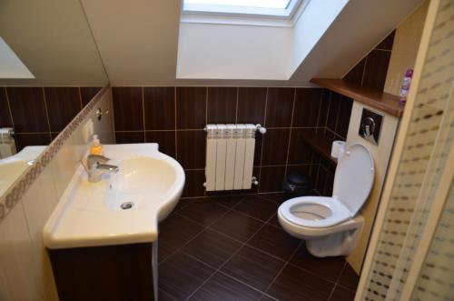 a bathroom with a sink and a toilet and a window at Białowieski Raj in Białowieża