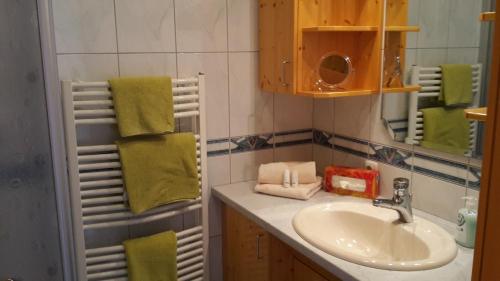 a bathroom with a sink and a mirror at Moarhof in Thurn