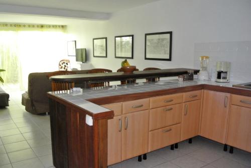 - une cuisine avec des placards en bois et un comptoir dans l'établissement Chez Karine & Harold, à Sainte-Luce