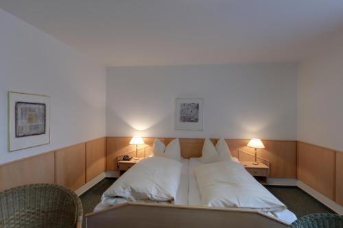 pokój hotelowy z 2 łóżkami i 2 krzesłami w obiekcie Hotel Altes Gasthaus Greve w mieście Recke