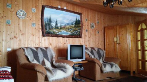 a living room with two chairs and a television at Karpatskyi Gomin in Vorokhta