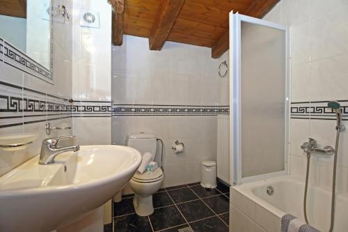 a bathroom with a sink and a toilet and a tub at Arion Hotel in Delfoi